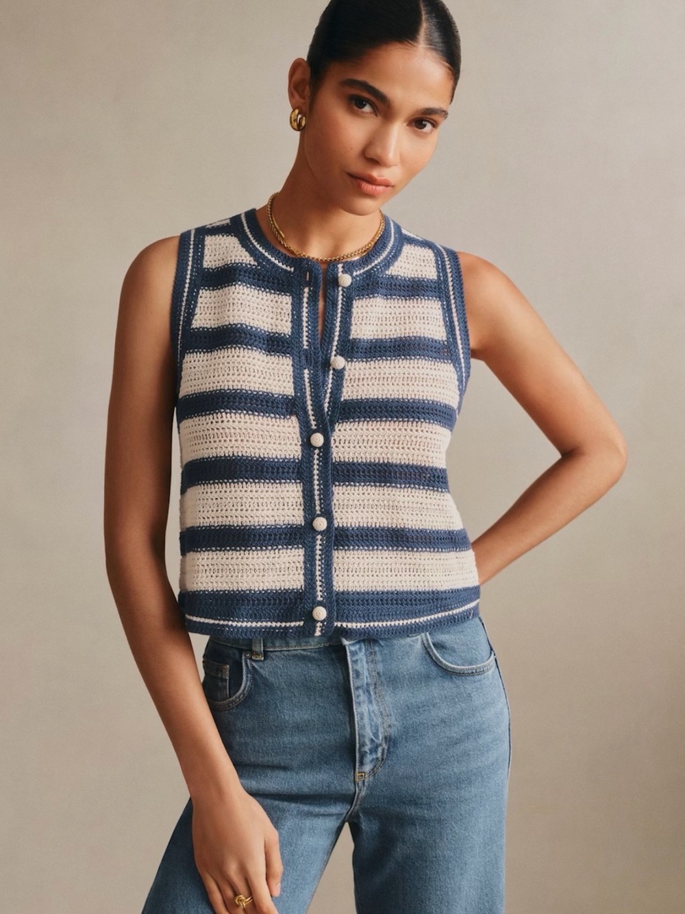Sezane Navy and Cream Striped Crochet Button-Front Tank - Picture 2 of 7